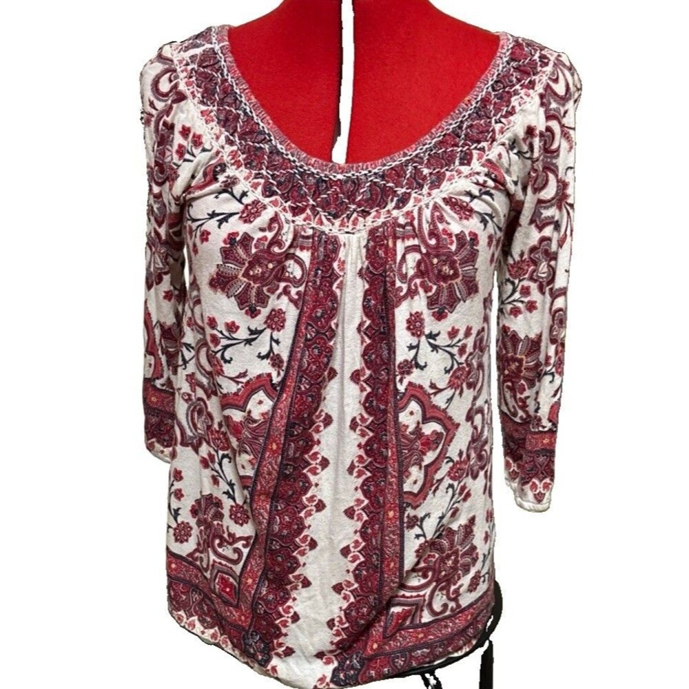 Lucky Brand Women’s L Ivory Red Black Paisley Scoop Neck 3/4 Sleeve Tunic